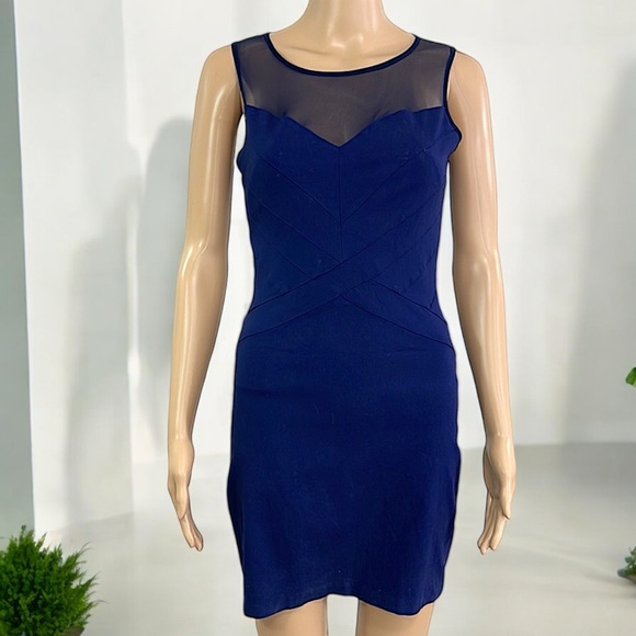 B. Darlin Navy Blue Banded Illusion-Neck Sleeveless Dress - Picture 9 of 16